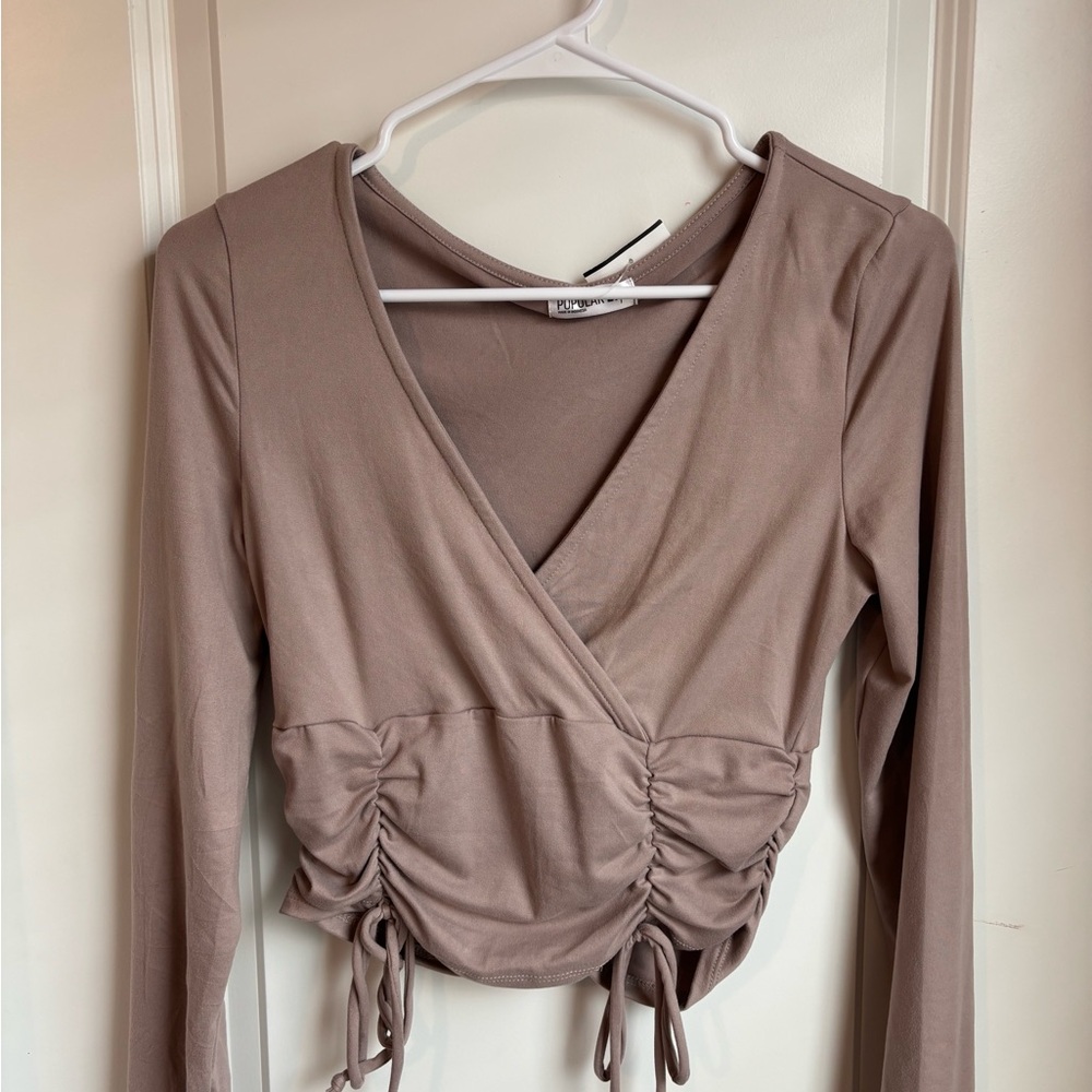beige Wrap Blouse with Ruched Tie Front